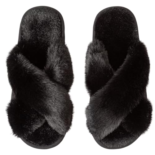 Image of Women's Cross Band Fuzzy Slippers Fluffy Open Toe House Slippers