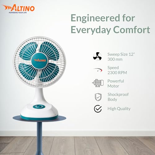 Image of Altino Premuim Powerful Oscillation Table Fan for Home & Office| High Air Delivery| Anti-Dust Decorative Star Rated Table Fan | 3 Speeds | Easy to Clean, 1 Yr Warranty (Green, 12 Inch)