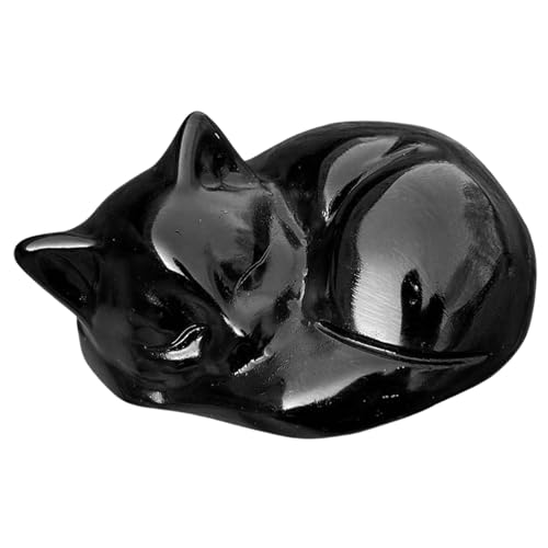 NATOSU - Estatua de Gato durmiendo con Cristales de obsidiana Negra, Tallada a Mano, decoración de Piedra, Regalo, Piedras Preciosas pulidas, Figura de Oficina