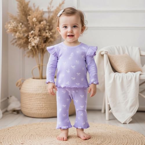 Tixbob Toddler Baby Girl Fall Clothes Bow Print Ruffle Long Sleeve Round Neck Top Elastic Flare Pants Winter Outfit (Bow Purple, 18-24 Months) — view 4