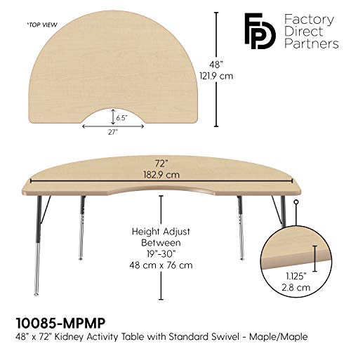 Image of FDP Kidney Activity School and Office Table (48 x 72 inch), Standard Legs with Swivel Glides for Collaborative Seating Environments, Adjustable Height 19-30 inches - Maple Top and Maple Edge