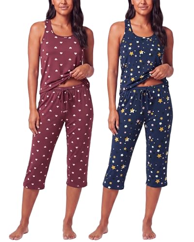 Image of 2 Pack Women's Pajama Sets 2 Piece Tank Top Capri Pants PJs Sleepwear Cute