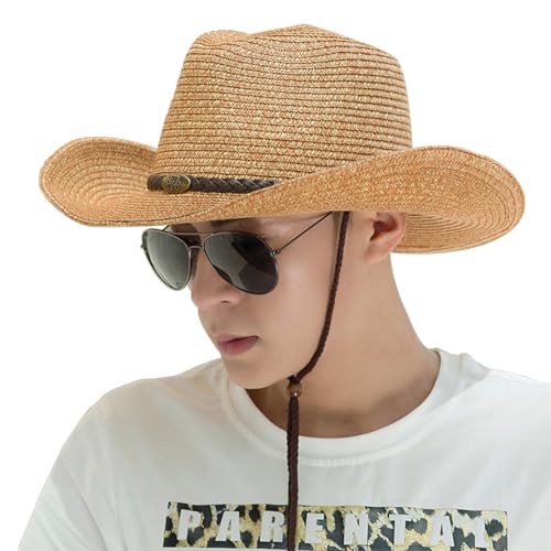 Beisto Mens Womens Western Style Cowboy Hat Wide Brim Breathable Summer Straw Hat Vintage Cowgirl Hat Shapeable Sun Hat Beach Hat Khaki