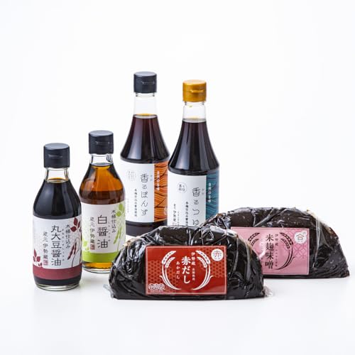 創業100年以上続く、希少な木桶仕込みの伊勢藏6点セット(丸大豆醤油200ml、白醤油200ml、香るぽんず360ml、香るつゆ360ml、米麹味噌500g、赤だし500g)