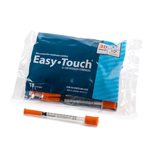 Image of Easy Touch 30 Gauge U-100 Insulin Syringes (30G 0.5cc 1 /2 inch) with 1 /2 inch Long Needle, 0.5cc (50 Unit Capacity), Bold Markings for Accurate Dosing, Disposable, Box of 100