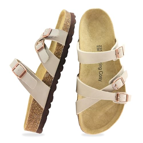 Women Cork Footbed Sandal Unisex, Comfortable Vegan Leather Slip On Summer Beach Sandal with Adjustable Buckle Strap, Casual Open Toe - Wide Fit
