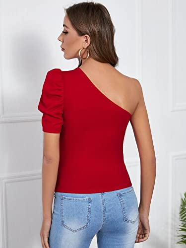 Image of Rare One Shoulder Cut-Out Puff Sleeve Top Maroon
