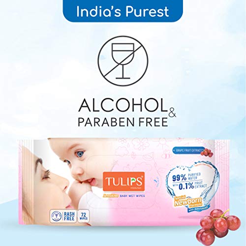 Image of Tulips Sensitive Baby Wet Wipes (72 wipes x 2 Pack), for Gentle Cleaning /Moisturising, Rash Free, 99% Purified Water with Grapefruit Extracts