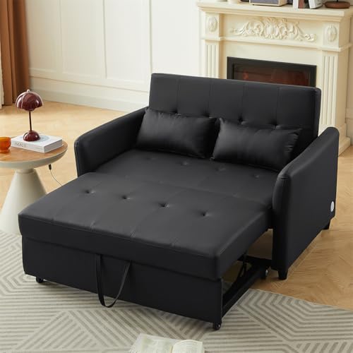 Polibi 51.5" Modern Convertible Sleeper Sofa Bed with Dual USB Ports, Black PU Leather Sofa with Pull-Out Bed Loveseat Sofa Couch for Living Room, Black