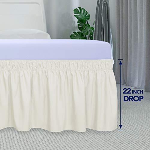 PureFit Wrap Around Ruffled Bed Skirt with Adjustable Elastic Belt - 22 Inch Drop Easy to Put On, Wrinkle Free Bedskirt Dust Ruffles, Bed Frame Cover for Queen, King and C-King Size Beds, Ivory