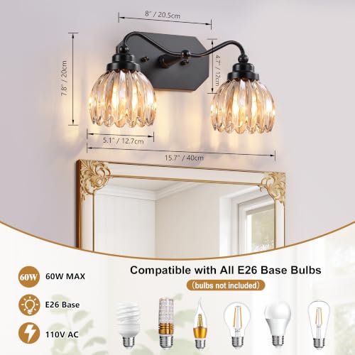 Image of Vintage Vanity Lights, 2‑Light Antique Matte Black Finish | Amber Tulip Crystal Bathroom Light Fixtures, Mid‑Century Style, Bathroom Lighting Over Mirror for Bedroom, Easy to Install