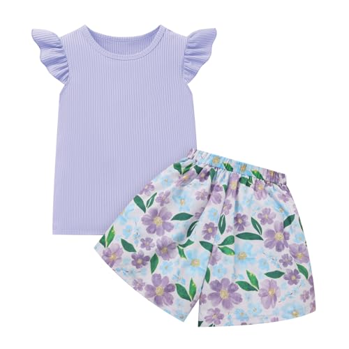 Toddler Baby Girl Summer Clothes Ruffled Sleeve Ribbed Knit T-Shirt Tops Cute Floral Shorts Set 2Pcs Outfits 2-8Y