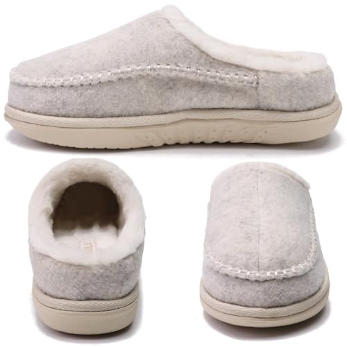 KuaiLu Womens Clog Slippers with Comfy Arch Support Orthotic Plantar Fasciitis Memory Foam Ladies Slippers for Women Winter Warm Fluff Slip on Felt Houes Shoes Hard Rubber Sole Beige size 8.52