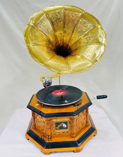Antique-Looking Replica Gramophone Vintage Gramophone Record Player, Wooden Base with Floral Carvings, Gold Horn Speaker (Original Working Old Replica Gramophone)