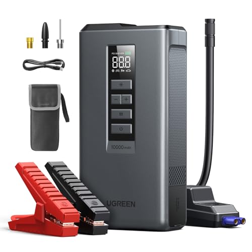 UGREEN 3 in 1 Starthilfe Powerbank für PkW mit Luftpumpe, 1000A Batterieladegerät für Auto, 10000mAh große Kapazität, 150 psi Kompressor,12V Autobatterie für Gas und Diesel, tragbar