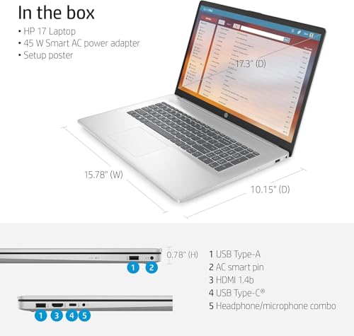 Image of HP 17 Business Laptop, 17.3 inch HD+ Display, AMD Ryzen 5 7530U Processor, 64 GB RAM, 2 TB SSD, Wi-Fi 6, BrightView, Webcam, Windows 11 Pro, with Lifetime Microsoft Office+Designed Accessories