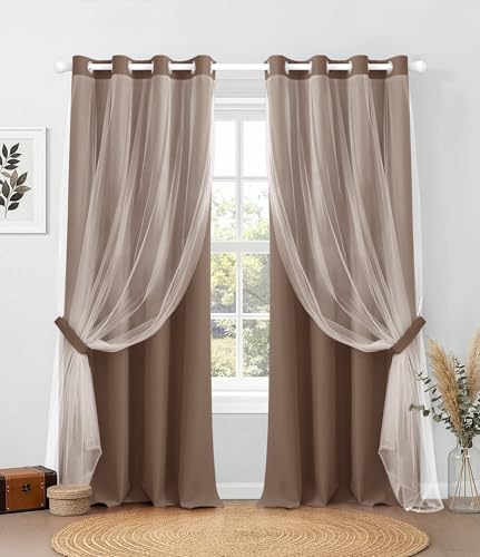 Image of 100% Blackout Curtains with Sheer, Brown, 52 x 108 inch, 2 Panels | For Bedroom Living Room Window, Room Darkening, Thermal Insulated, Grommet Top, Summer Heat Blocking, Double Layer Design