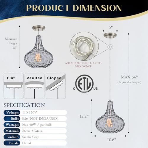 Image of 11 inch Smoked Hammered Glass Pendant Light, Brushed Nickel, E26 | 11 inch smoked hammered glass pendant light with brushed nickel finish, adjustable cord, E26 socket for kitchen islands