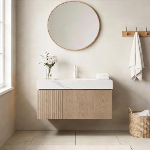 AmbroVania 36" Floating Bathroom Vanity with Sink, Light Brown Plywood Base