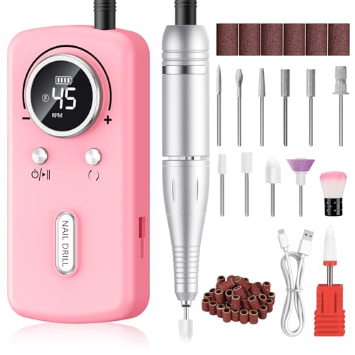 PKBD 45000RPM Professional Nail Drill Machine for Acrylic and Gel Nails Portable Rechargeable Electric Nail Files Set with 11 bits and LCD Display for Salon Home and DIY Pink