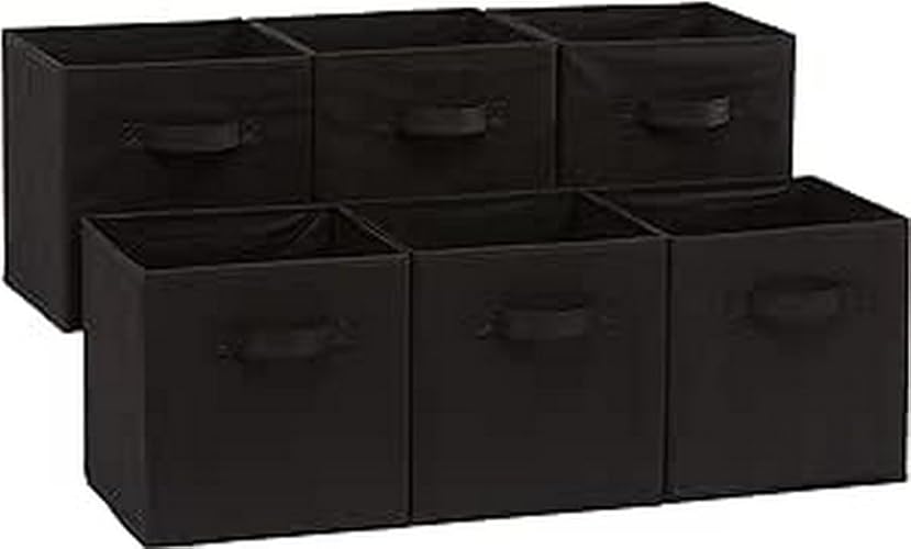 Amazon Basics Collapsible Fabric Storage Cubes Organizer with Handles, 10.5"x10.5"x11", Black - Pack of 6 - Black - Storage Cubes Organizer with Handles