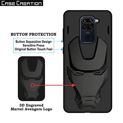 Image of COVERLY Official 3D Touch Feel Trending Real Hero Avenger Logo Mask Soft Rugged Grip Iron Man Super Power Cartoon Movie Silicone Matte Strong Back Cover for Xiaomi Redmi Note 9 2020- Black
