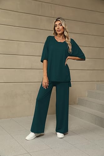 Image of KevaMolly 2 Piece Lounge Set for Women Postpartum Oversized Tops and Wide Leg Pants Soft Comfy Pajamas Set 2 Piece Outfits