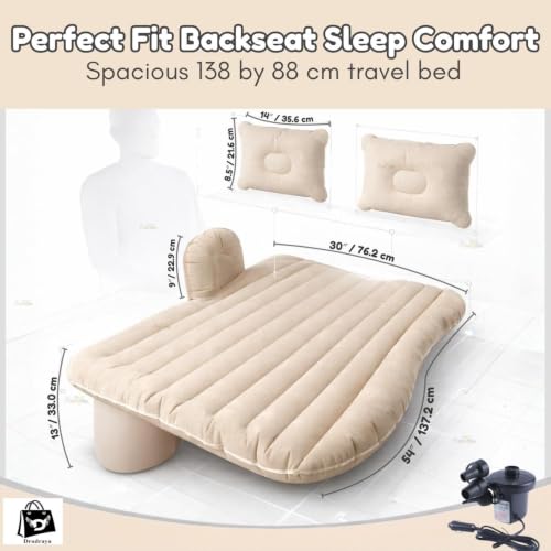 Image of DRUDRAYA Premium Car Inflatable Bed with Pump & 2 Air Pillow | Quick Inflatable Back Seat Bed | Car Inflatable Mattress | Car Bed for Kids, Travel, Camping, Picnic, Pool & Beach| Universal Fit (Beige)