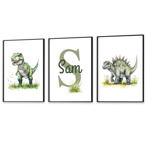 Image of Personalised Dinosaur Wall Art Prints, Jungle Dino Poster, Picture for Kids Baby Boy Girl Bedroom, Boys Nursery Prints, Dinosaur Gifts, Set of 3 Dinosaur Posters (3 A3 Prints (no frames))