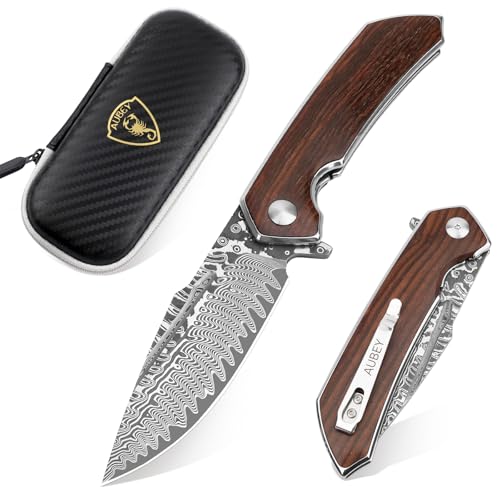 AUBEY Damascus Pocket Knife with Clip, Damascus Steel Blade Folding Knives with Ball Bearing, EDC Knife for Outdoor Camping Collection (Wooden Handle)