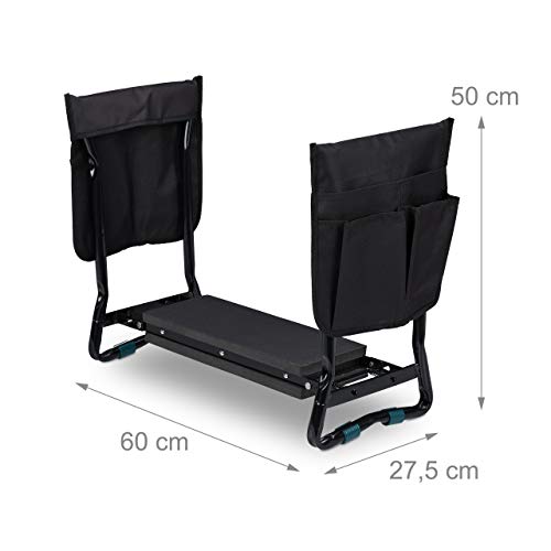 Relaxdays Kniebank für Gartenarbeit, klappbar, bis 150kg, inkl. 2 Taschen, gepolsterte Kniehilfe, 50x60x27,5 cm, schwarz