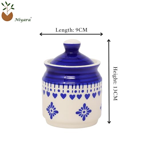 Image of Niyara Handcrafted Ceramic Pickle Jar Set, Spoons & Lids - Multipurpose Storage for Pickles, Chutneys, Spices & Condiments (Set of 3, 300ML /Each with metal tray) (Blue floral design)