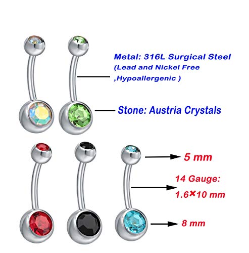 15 PCS Assorted Colors Belly Button Ring Surgical Steel Hypoallergenic Lead and Nickel Free,14 Gauge Navel Piercing Body Jewelry