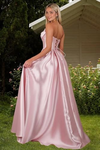 Strapless Satin Prom Dresses with Slit Long Corset A Line Formal Evening Party Gowns with Pockets3