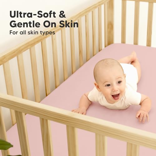 Image of 2-Pack Waterproof Baby Crib Sheets for Boys, Girls - 52x28 Viscose Derived from Bamboo Toddler Bed Sheet Neutral, Fitted Crib Mattress Protector Cover for Baby Bedding, Soft & Gentle (Rose)