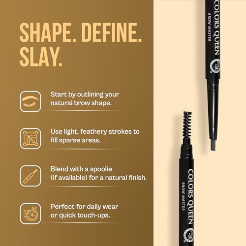 Image of Colors Queen Brow Master Eyebrow Definer Pencil with Spoolie | Natural Looking Brows | Smudge Proof, Waterproof and Long Lasting Eyebrow Pencil (Brown)