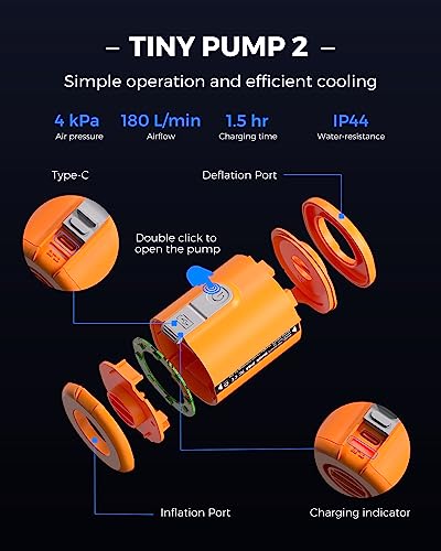 FLEXTAILGEAR TINY PUMP 2/2X, Pompa Elettrica Portatile da Campeggio, Pompa Sottovuoto, 4 kPa(180 L/min) Pressione e Portata Elevate, 5 Ugelli Multifunzione per Letto ad Aria, Sacchetto Sottovuoto