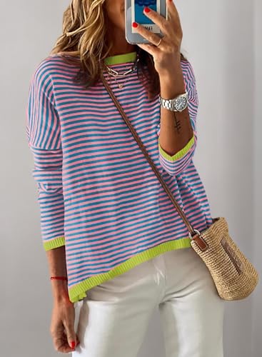 Image of Dokotoo Women's Long Sleeve Sweaters Casual Crewneck Fashion Fall Striped Color Block Shirts High Low Pullover Sweater Tops