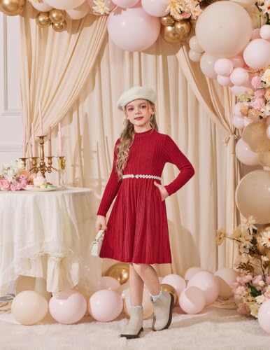 Image of Arshiner Girls Dresses Long Sleeve A Line Knit Sweater Dress with Pockets