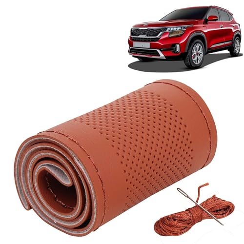Image of KINGSWAY PU Leatherite Car Steering Cover Sewable Compatible with Kia Seltos (Year 2019-2023), Tan Color with Tan Thread, Pack of 1 with Sewing Needle and Thread