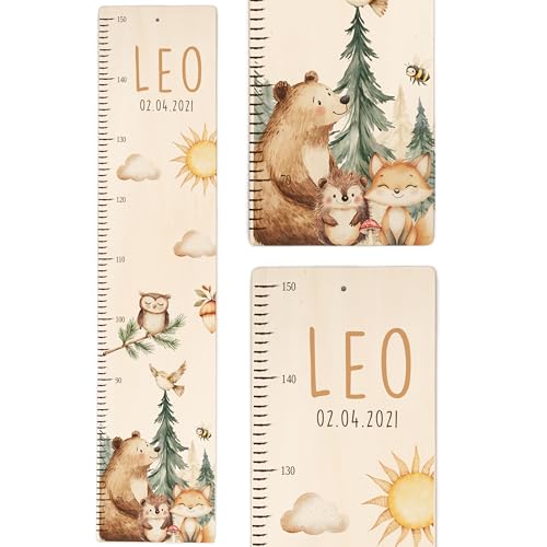 Kidsmood - Personalisierte Messlatte Kinder Holz – Hochwertige Messleiste & Wand-Deko für Baby- & Kinderzimmer mit liebevollem Fröhliche Waldtiere – Tolles Geschenk zur Geburt- (65-140cm)