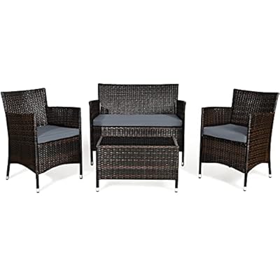 Goplus 4-Piece Rattan Patio Set, Outdoor/Indoor Wicker Conversation Set for Pool, Backyard, Lawn, Wicker Chairs and Sofa with Soft Cushion, Rattan Furniture with Tempered Glass Coffee Table