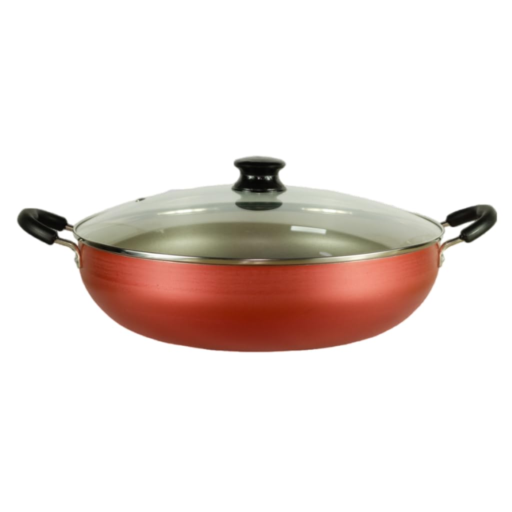 Panela Wok Antiaderente 32cm 6 Litros com Tampa de Vidro para Cozinha e Frituras (Cereja