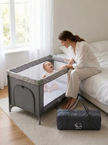 MoMore Baby Crib 125x60cm with Brake Wheels Portable Travel Cot with Side Door 3-Sided Mesh Breathable Playpen Cute Elephant Design - Grey
