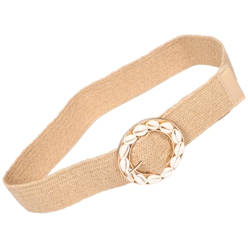 QianShi Women Bohemian Belt Handmade Braid Woven Boho Wide Elastic Waist Belt with Round Buckle and Shells Waistband for Vacation Outfits Summer Dresses Beach Party Decorations