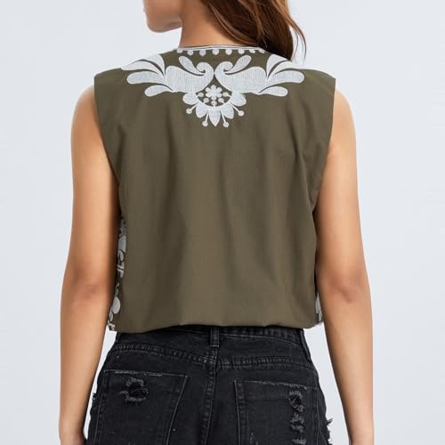 Image of Women Vintage Floral Embroidered Vest Y2K Sleeveless Open Front Cardigan Boho Linen Cropped Waistcoat