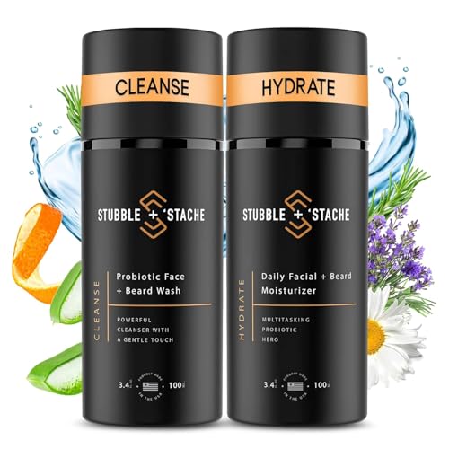 stubble & stache Mens Beard Care Starter Kit - Beard & Face Wash with Niacinamide & Moisturizer with Hyaluronic Acid - Daily Facial Cleanser for Your Beard & Skin Care Needs - 2 btl (3.4 fl oz each)