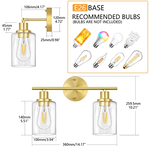 Image of Bathroom Light Fixtures, 2 Light Vanity Light, Gold Wall Sconces Lighting | Modern Bath Wall Mounted Lights with Glass Shade, Porch Wall Lamp for Mirror, Living Room, Bedroom, Brushed Brass