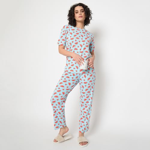 Image of CAMEY Women's Printed Pyjama Set, Short Sleeve T-Shirt and Trousers, Women Nightsuit, Loungewear Sets