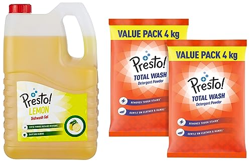 Image of Presto! Total Wash Detergent Powder, Twin (4 Kg + 4Kg) Pack and Presto! Dishwash Gel - 5 L (Lemon)